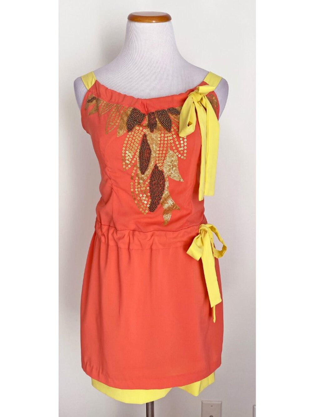 C. Luce Sleeveless Beaded Coral & Yellow Dress, Elastic Waist w/ Sash Bow, Small